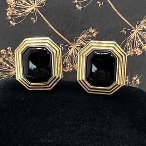 Christian Dior Jet Glass Octagon Cabochon CLIP Earrings